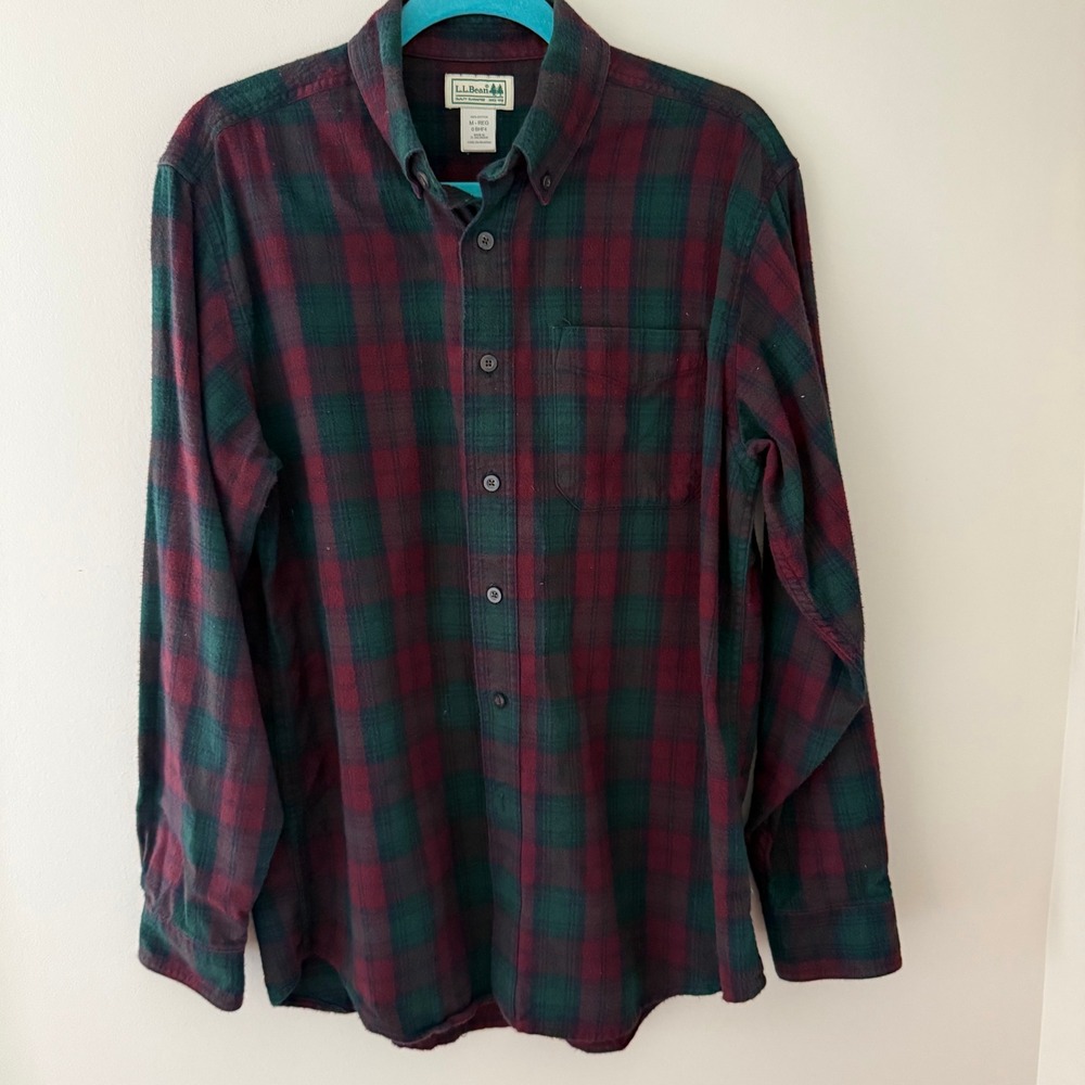 LL Bean Mens Plaid‎ Flannel Shirt Burgundy Green Button Down M-REG 0BHF4